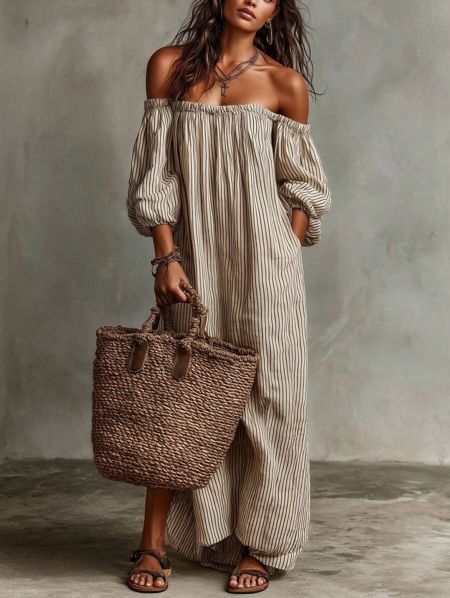 Gestreepte off shoulder midi jurk dames, taupe - afbeelding 7