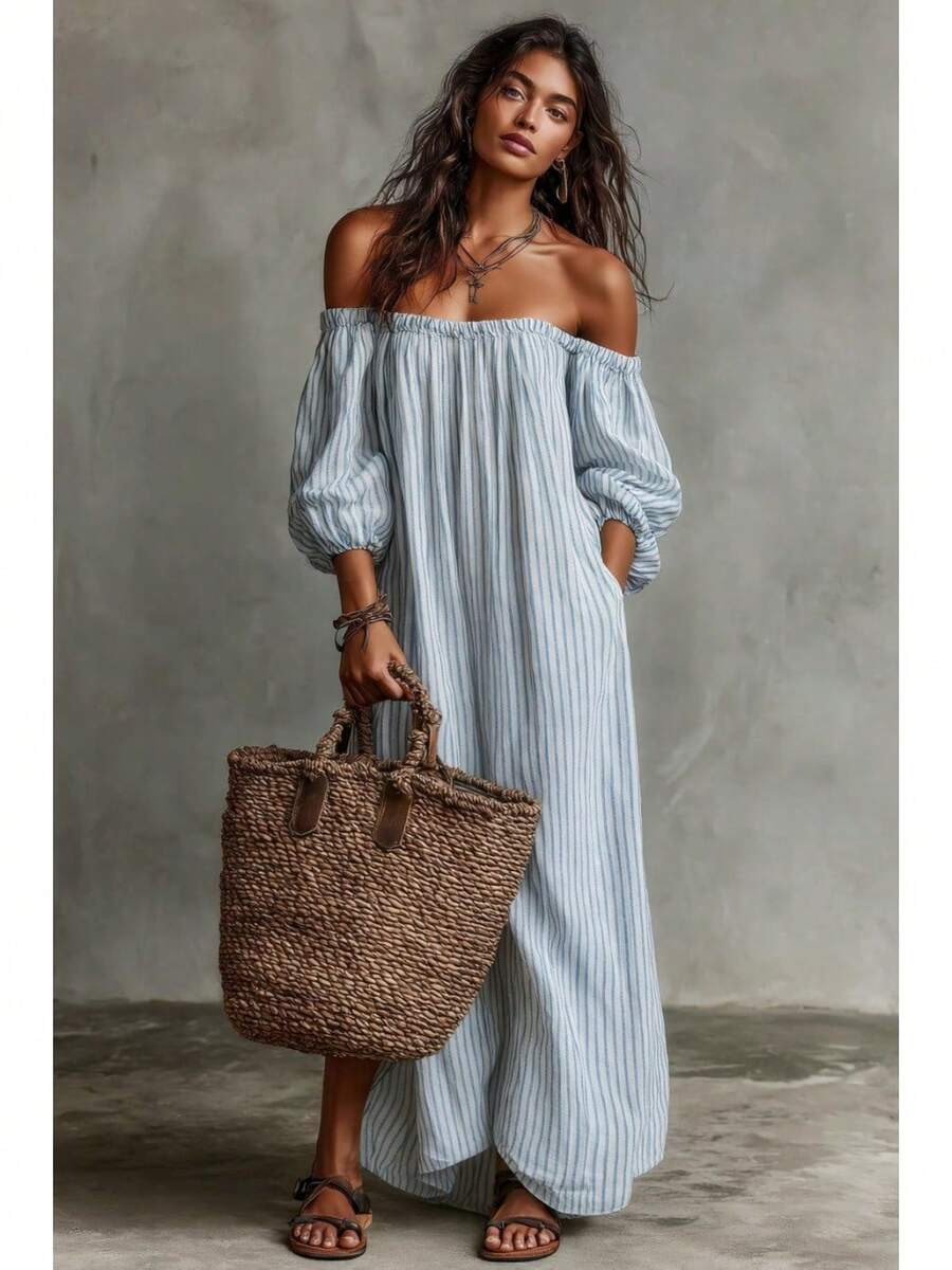Gestreepte off shoulder midi jurk dames, lichtblauw - afbeelding 8