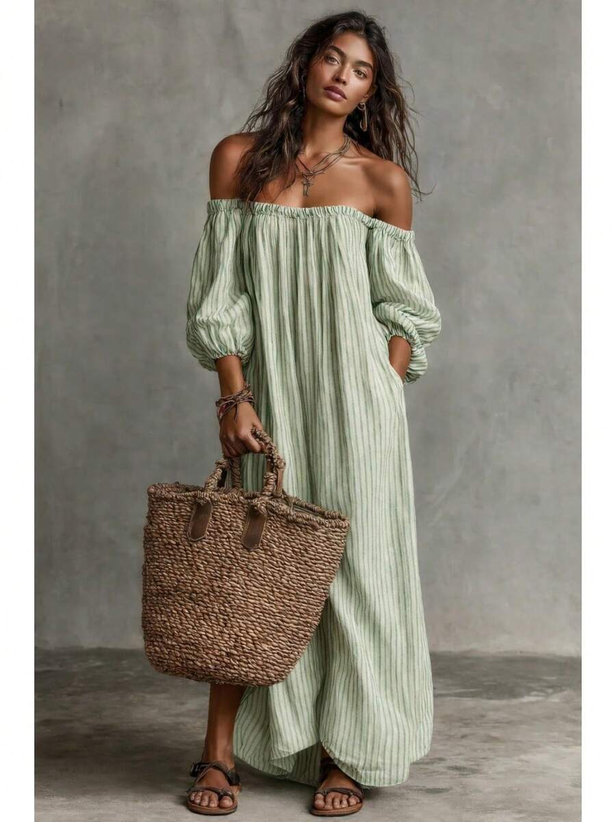 Gestreepte off shoulder midi jurk dames, lichtgroen - afbeelding 9