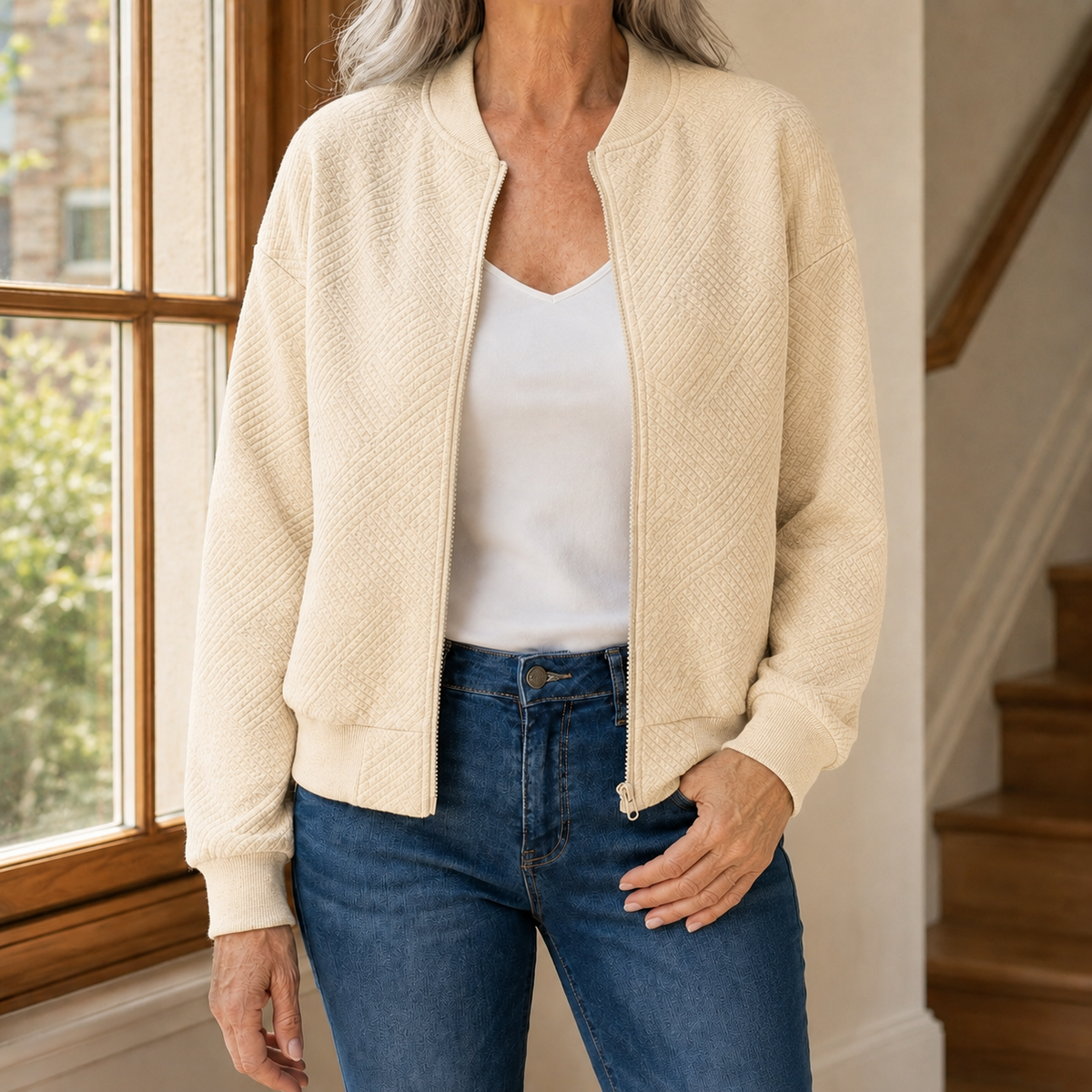 Gestructureerde bomberjack dames, beige - afbeelding 5