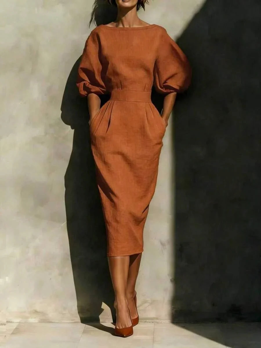 Getailleerde midi jurk dames met ballonmouwen, terracotta - afbeelding 10