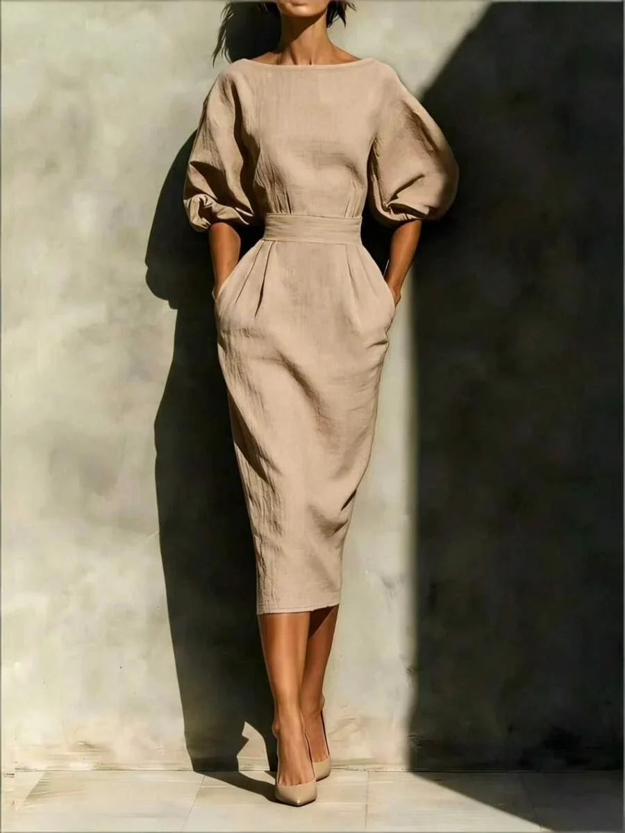 Getailleerde midi jurk dames met ballonmouwen, beige - afbeelding 14