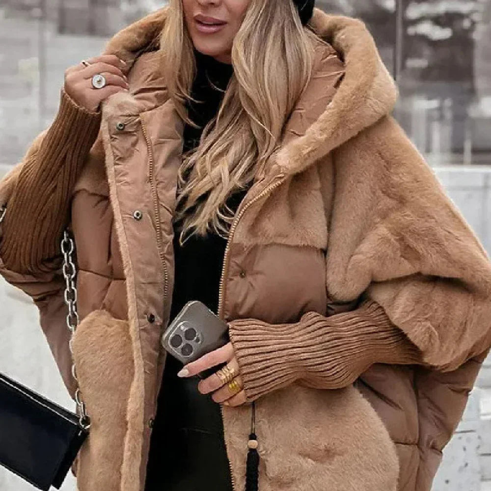 Oversized gewatteerde jas dames met capuchon, Camel - afbeelding 4