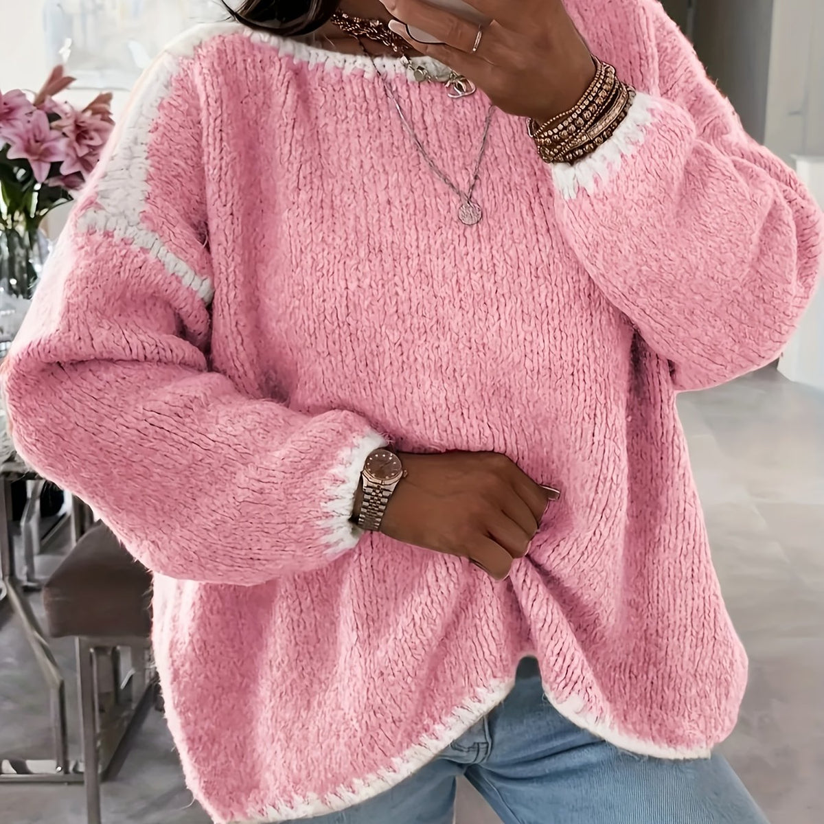 Oversized grof gebreide trui dames, roze - afbeelding 11