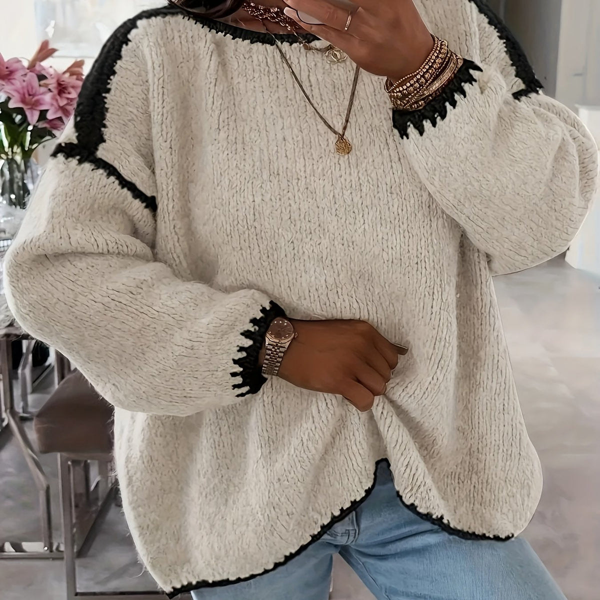 Oversized grof gebreide trui dames, beige - afbeelding 13