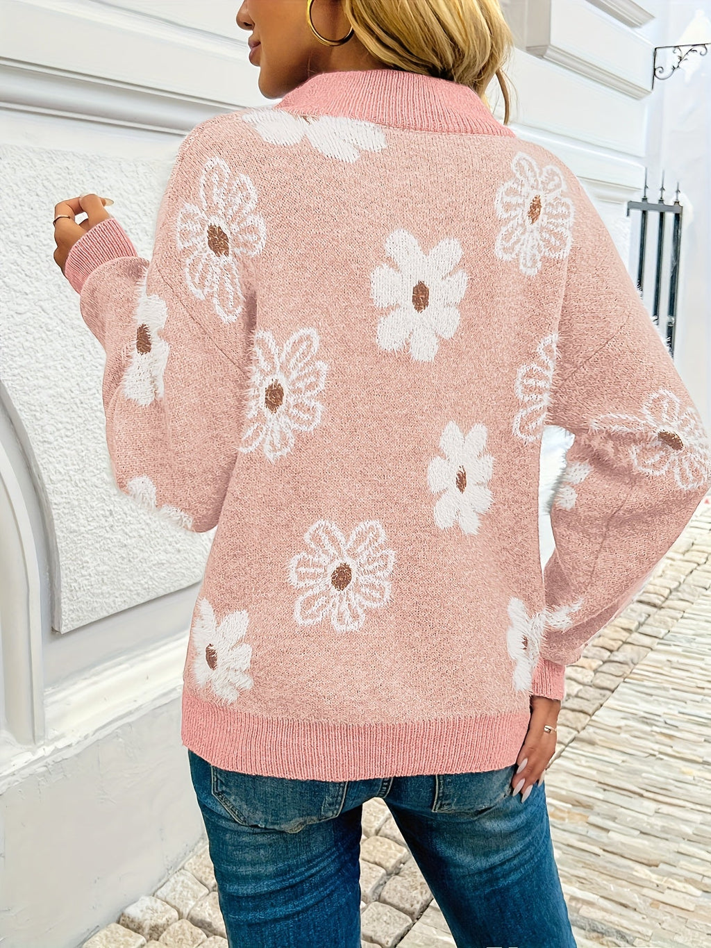 Gebloemde half zip trui dames - afbeelding 7