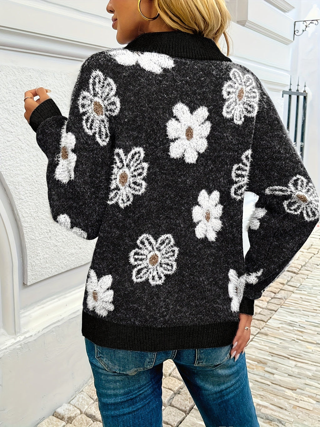 Gebloemde half zip trui dames - afbeelding 8