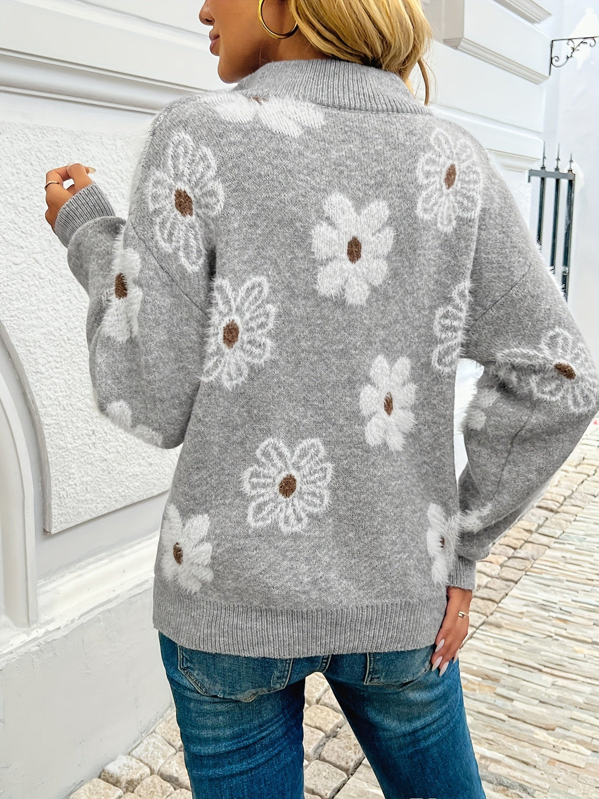Gebloemde half zip trui dames - afbeelding 9