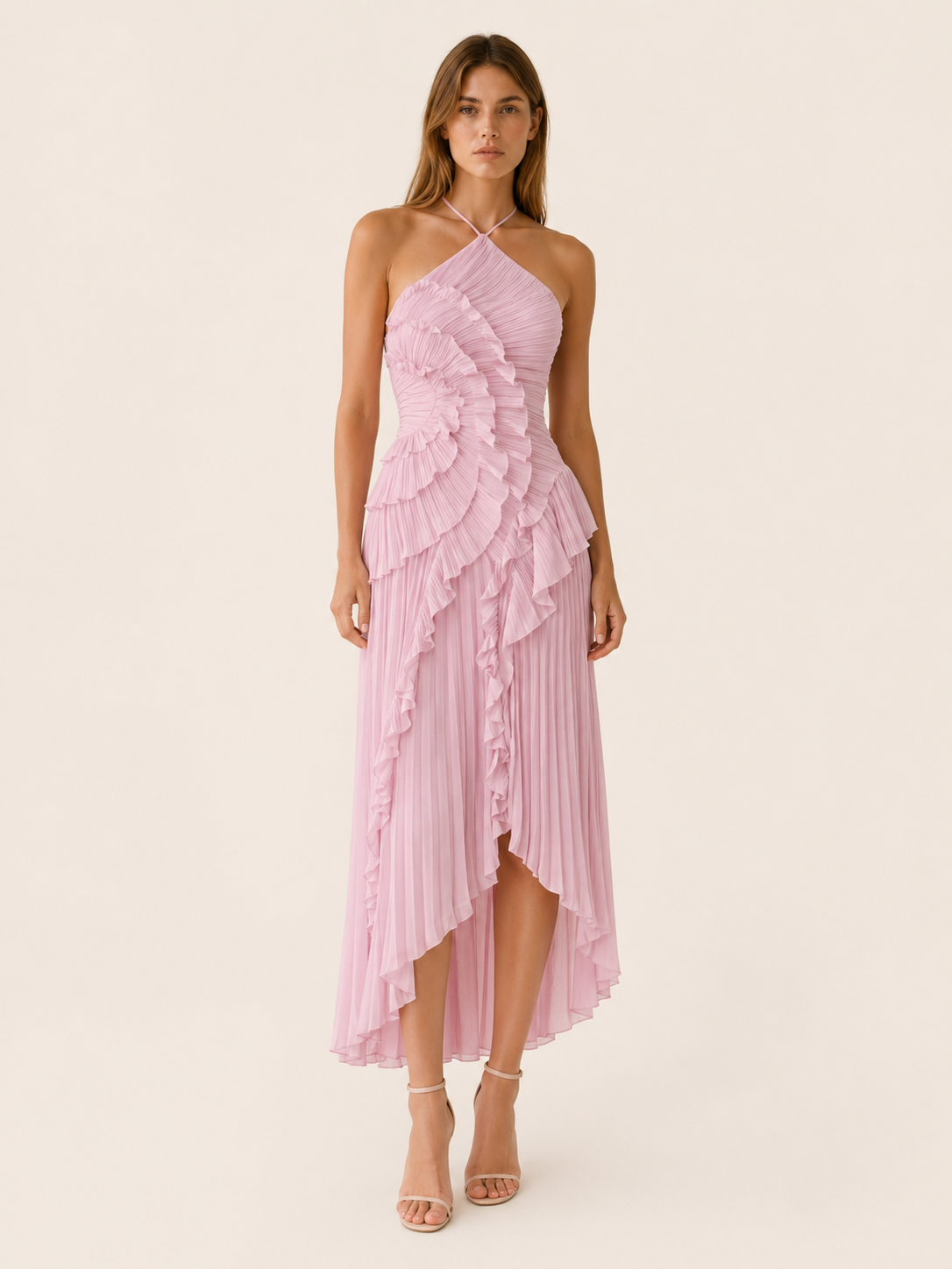 Halterhals maxi jurk dames met ruches, Roze - afbeelding 1