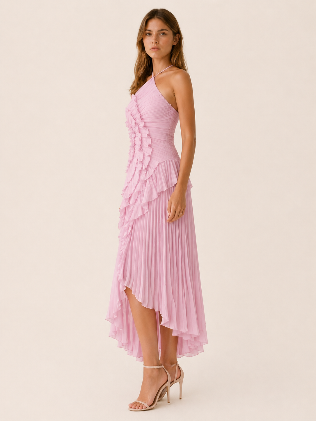 Halterhals maxi jurk dames met ruches - afbeelding 2