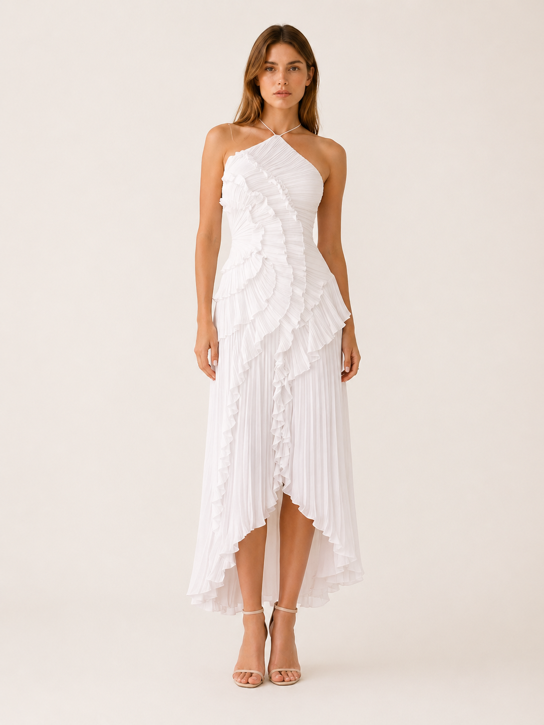 Halterhals maxi jurk dames met ruches, Wit - afbeelding 4