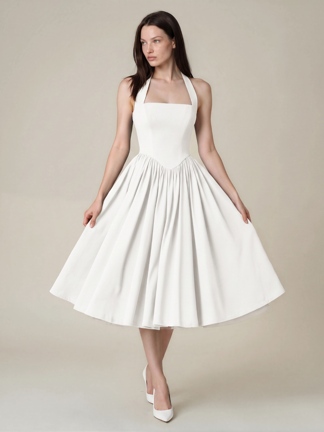Halterhals midi jurk dames met wijde rok, wit - afbeelding 1
