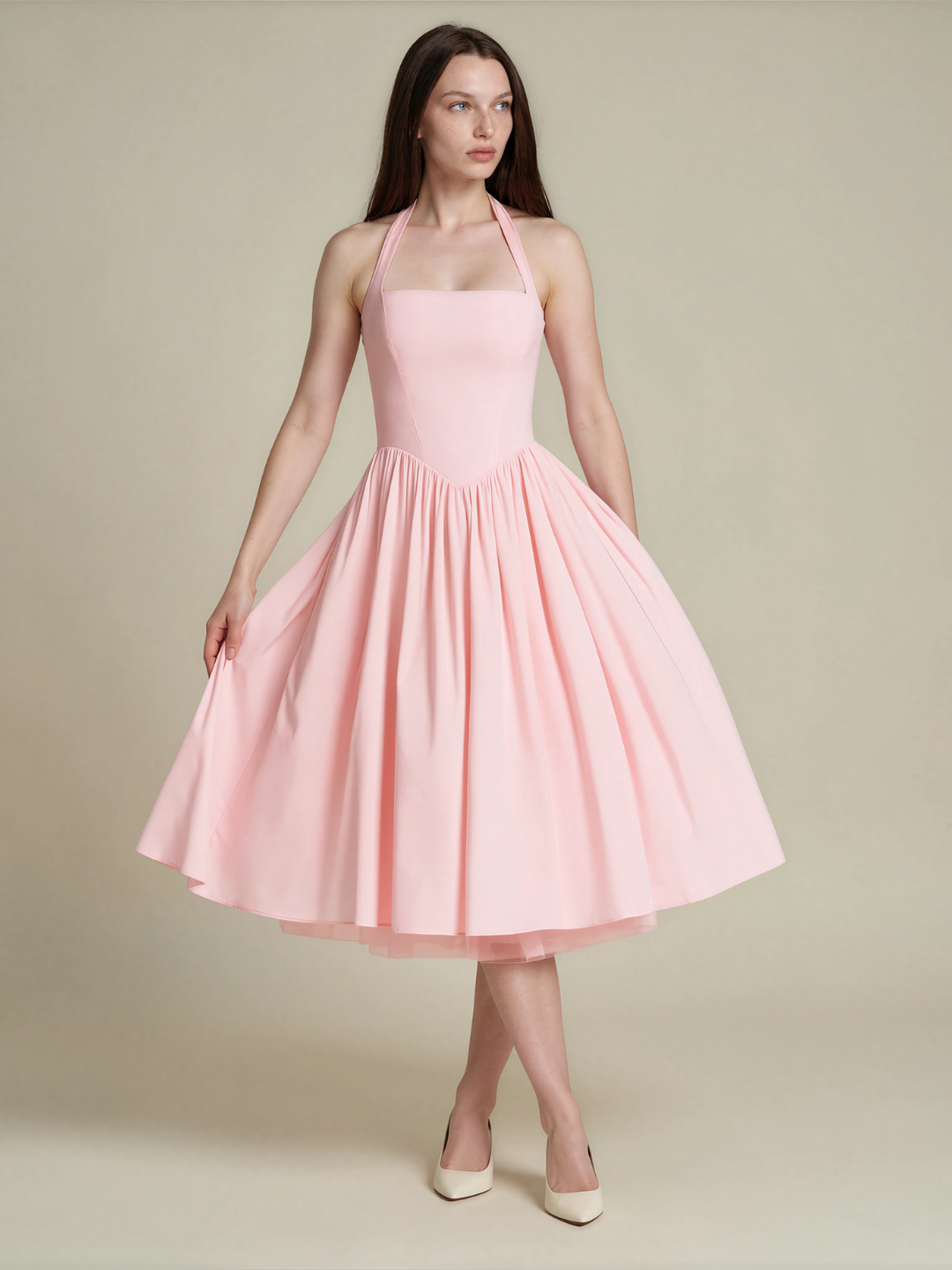 Halterhals midi jurk dames met wijde rok, roze - afbeelding 6