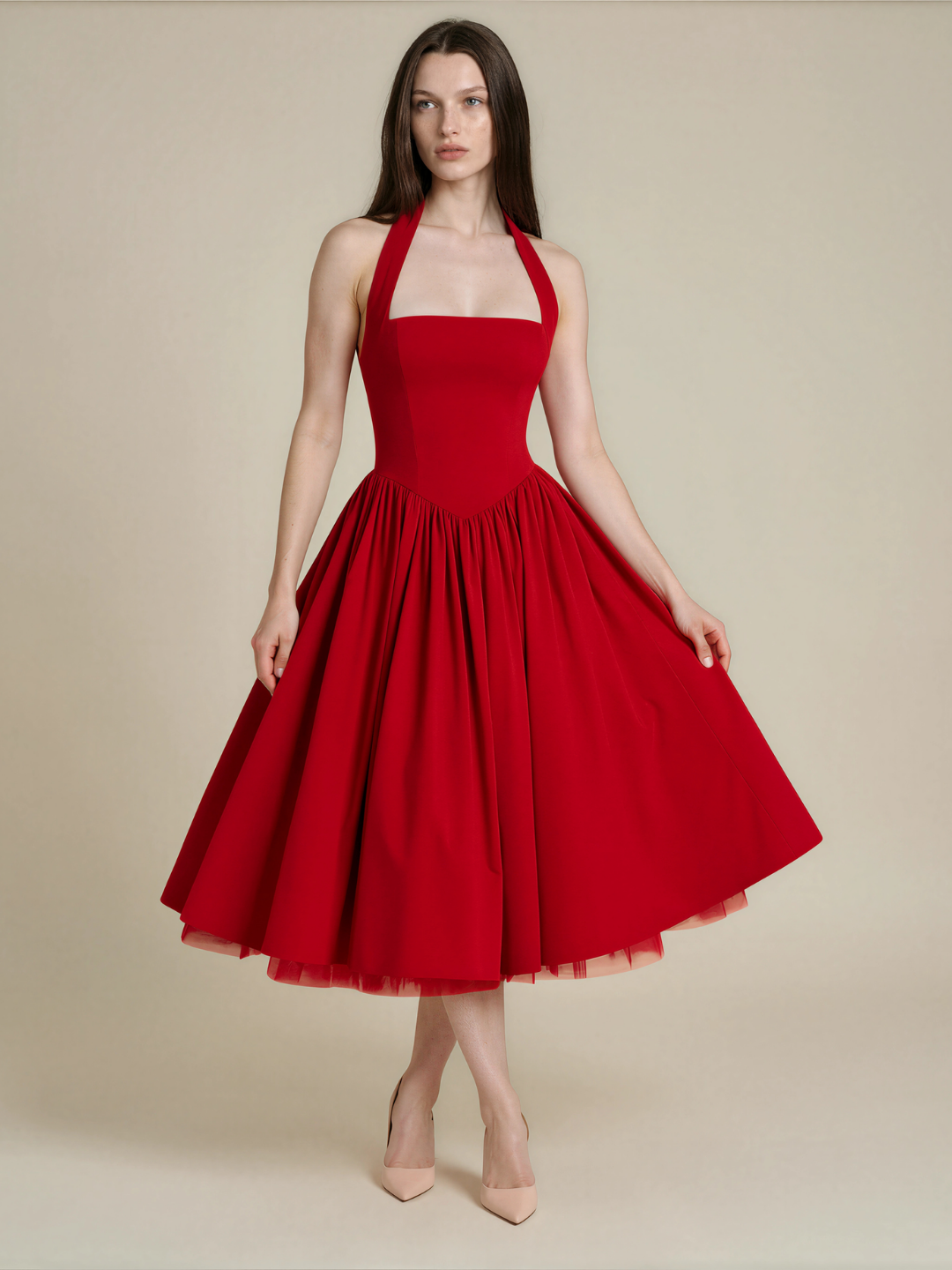 Halterhals midi jurk dames met wijde rok, rood - afbeelding 7