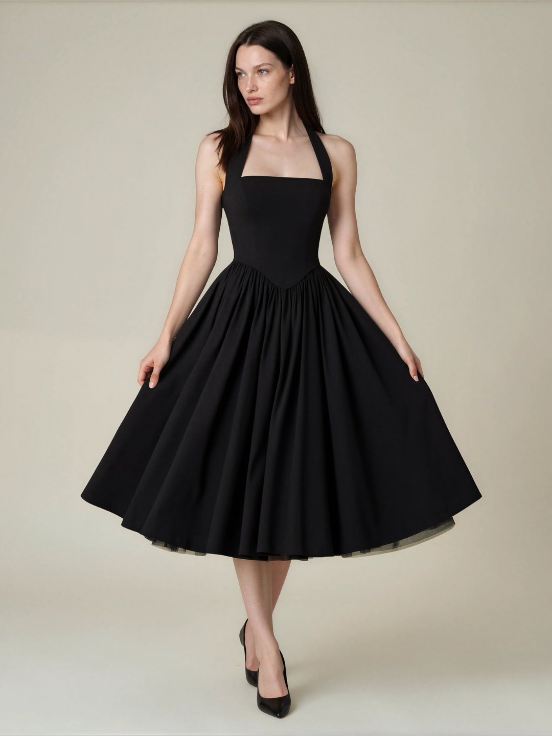 Halterhals midi jurk dames met wijde rok, zwart - afbeelding 8