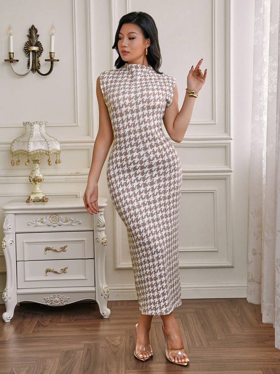 Houndstooth midi jurk dames met opstaande kraag - afbeelding 10