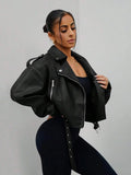 Imitatieleren bikerjas dames met ceintuur, zwart - afbeelding 31