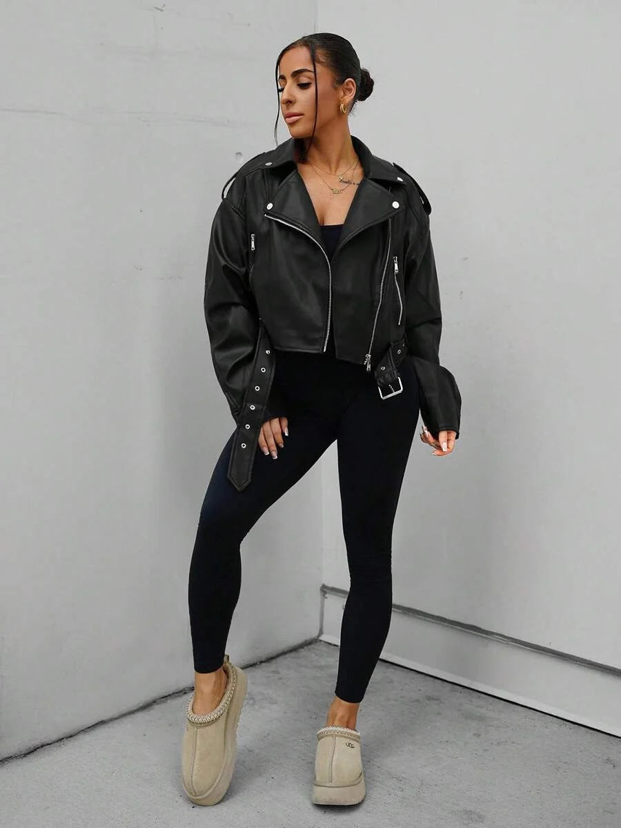Imitatieleren bikerjas dames met ceintuur - afbeelding 36