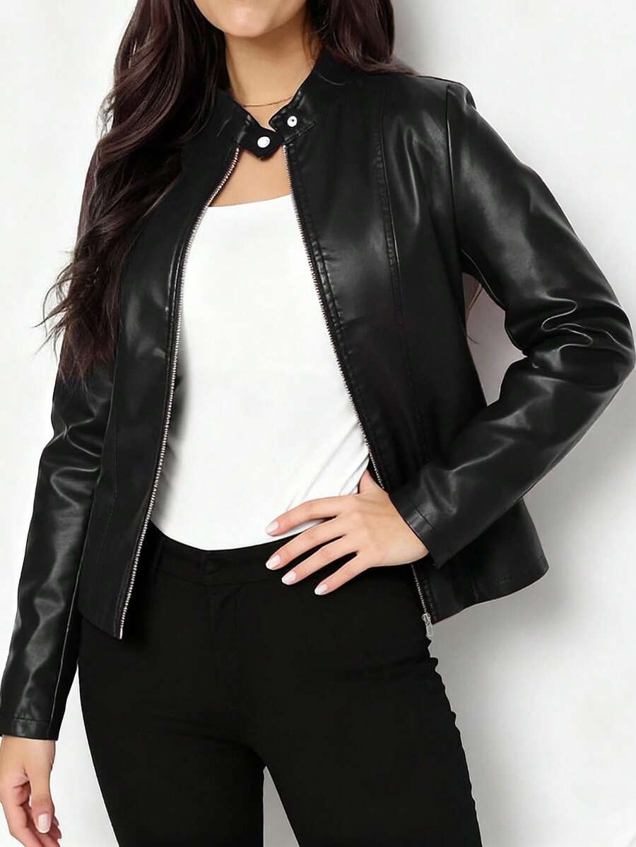 Imitatieleren bikerjas dames, zwart - afbeelding 1