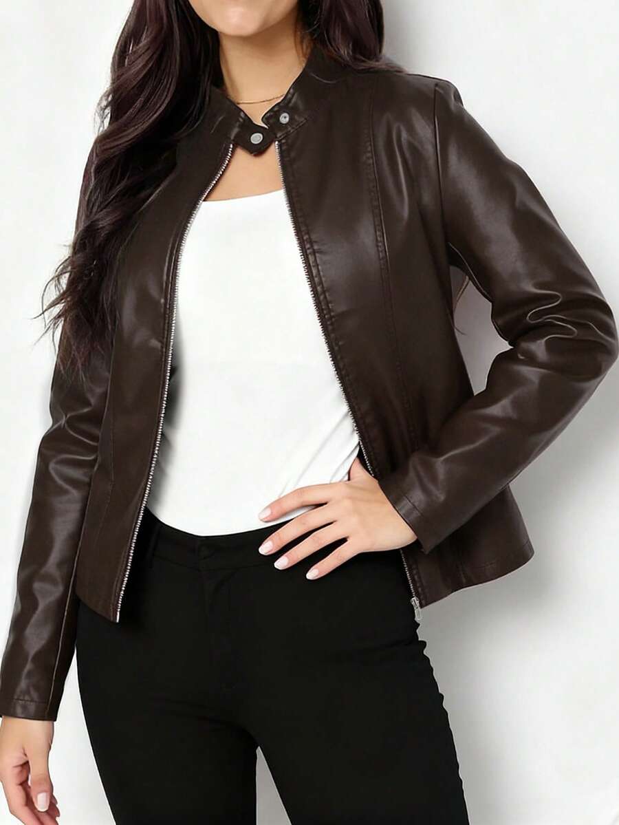 Imitatieleren bikerjas dames, donkerbruin - afbeelding 12