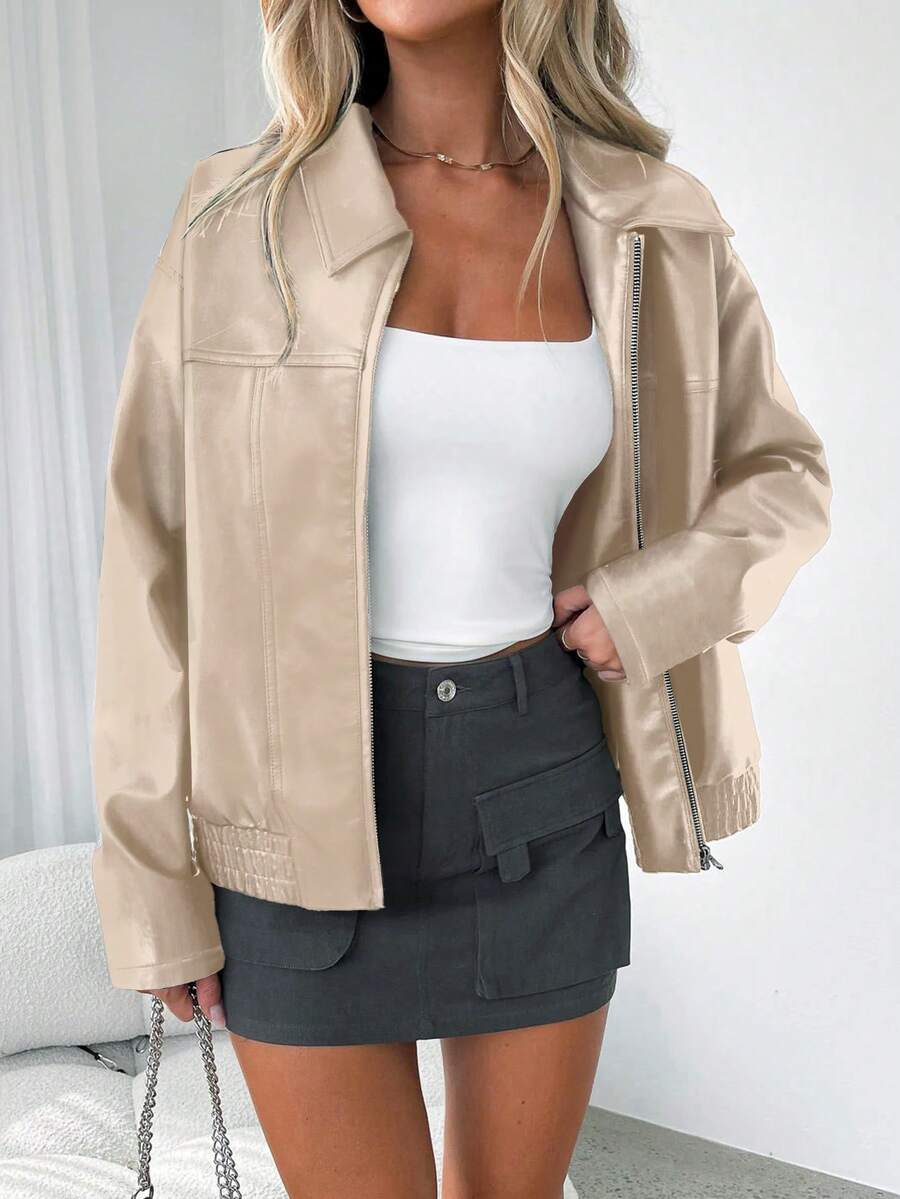 Imitatieleren bomberjack dames, beige - afbeelding 6