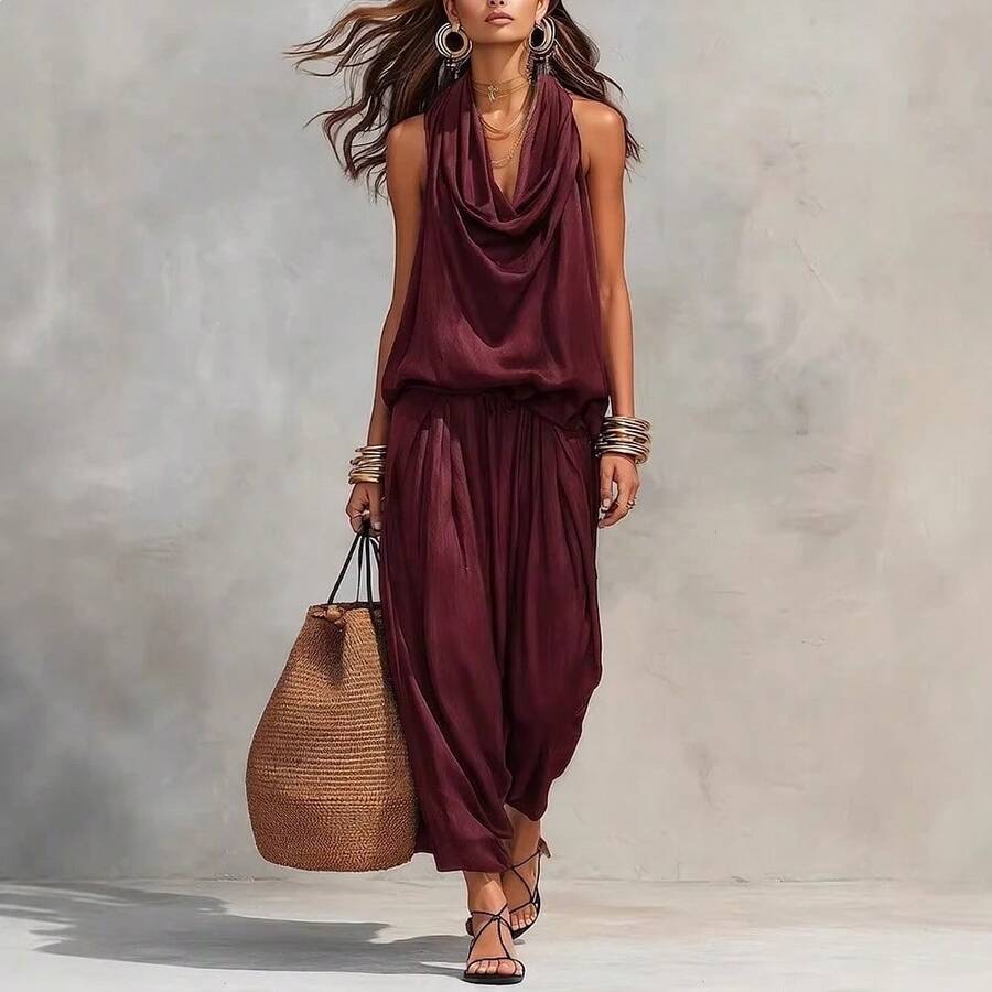 Wijde jumpsuit dames, Bordeaux - afbeelding 3