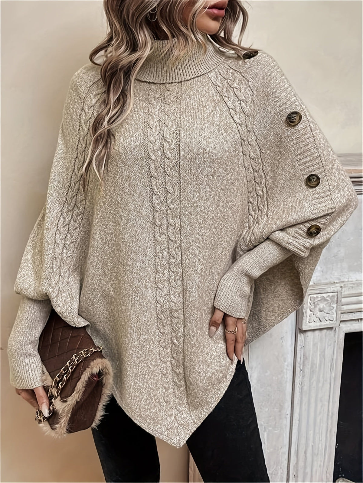 Kabelgebreide poncho dames - afbeelding 1