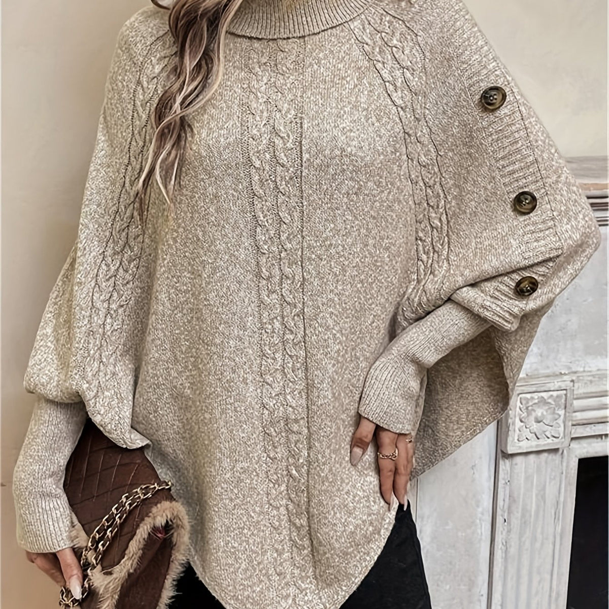 Kabelgebreide poncho dames, Beige - afbeelding 11