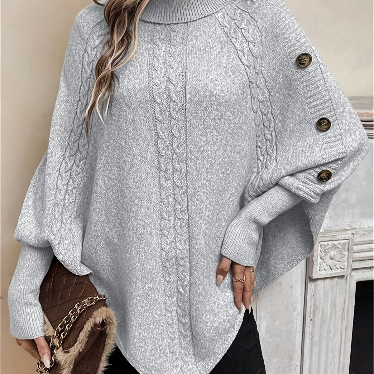 Kabelgebreide poncho dames, Grijs - afbeelding 12