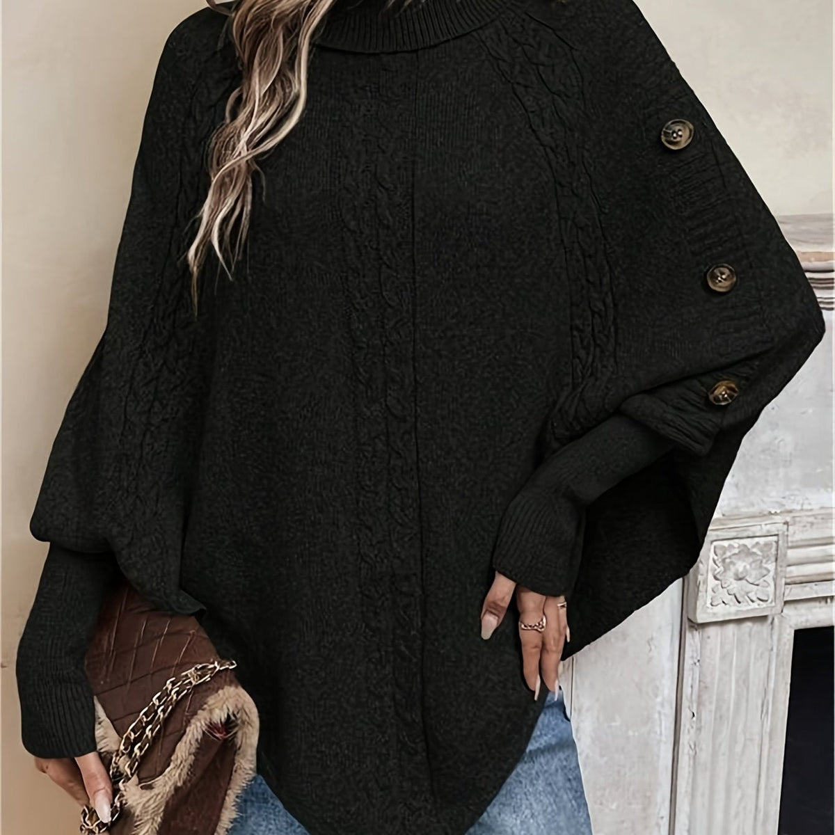 Kabelgebreide poncho dames, Zwart - afbeelding 13