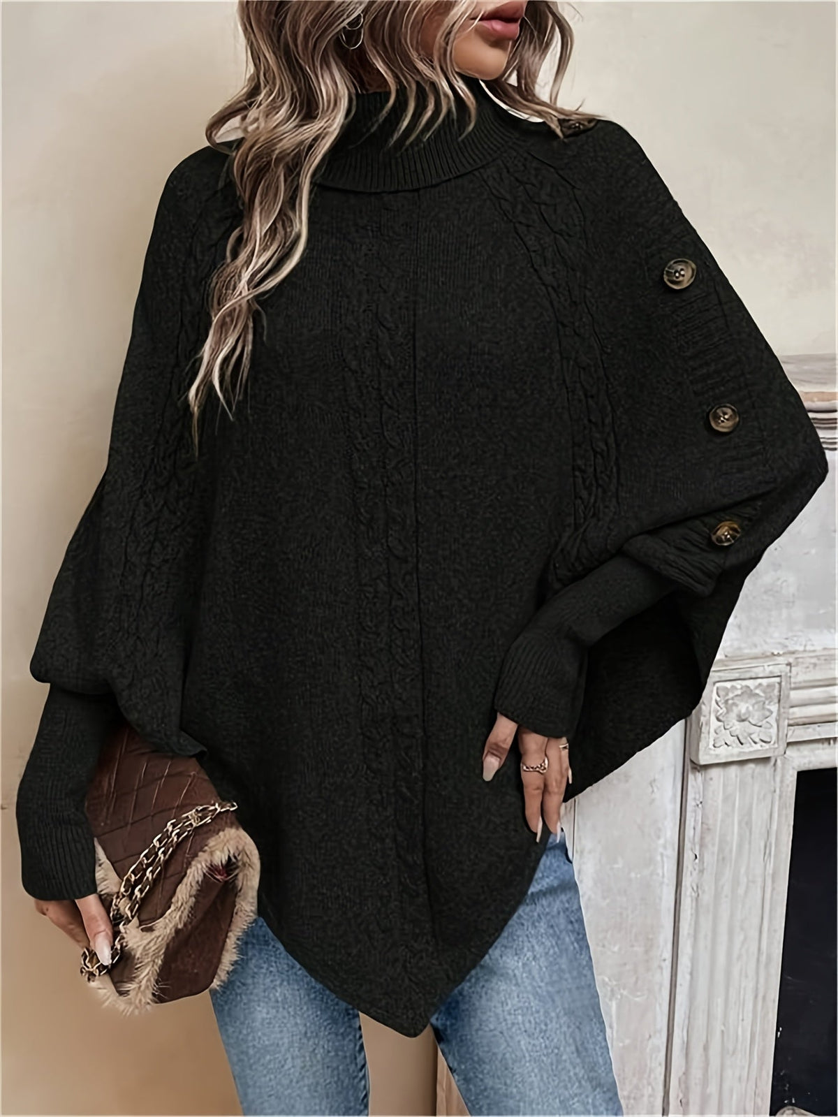 Kabelgebreide poncho dames - afbeelding 2