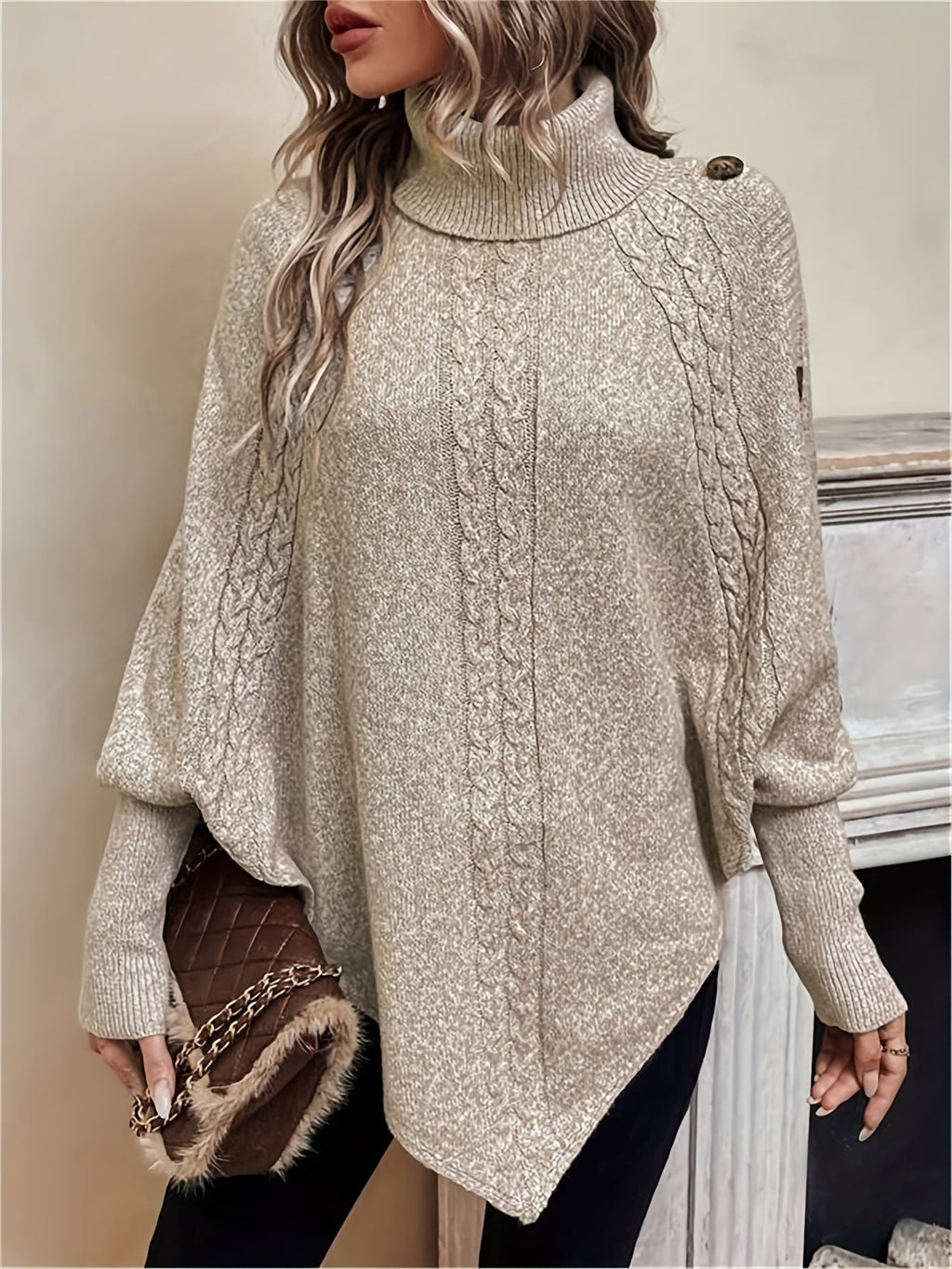 Kabelgebreide poncho dames - afbeelding 4