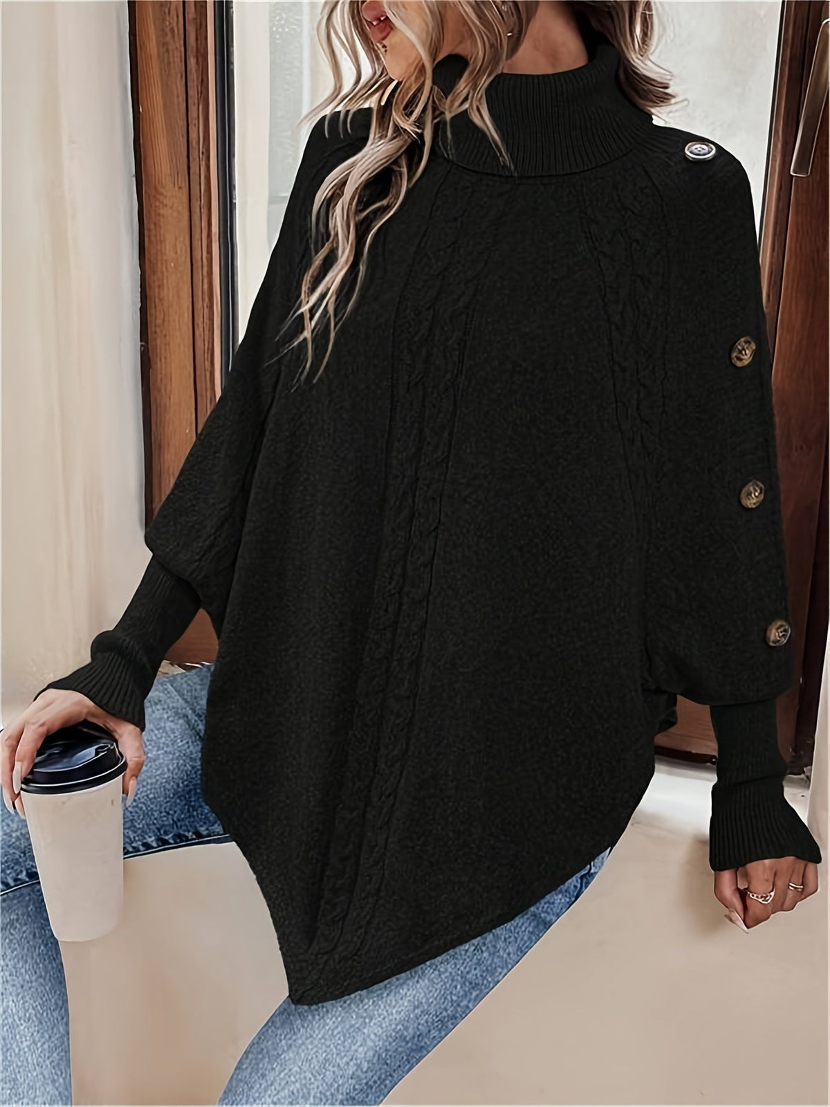 Kabelgebreide poncho dames - afbeelding 5