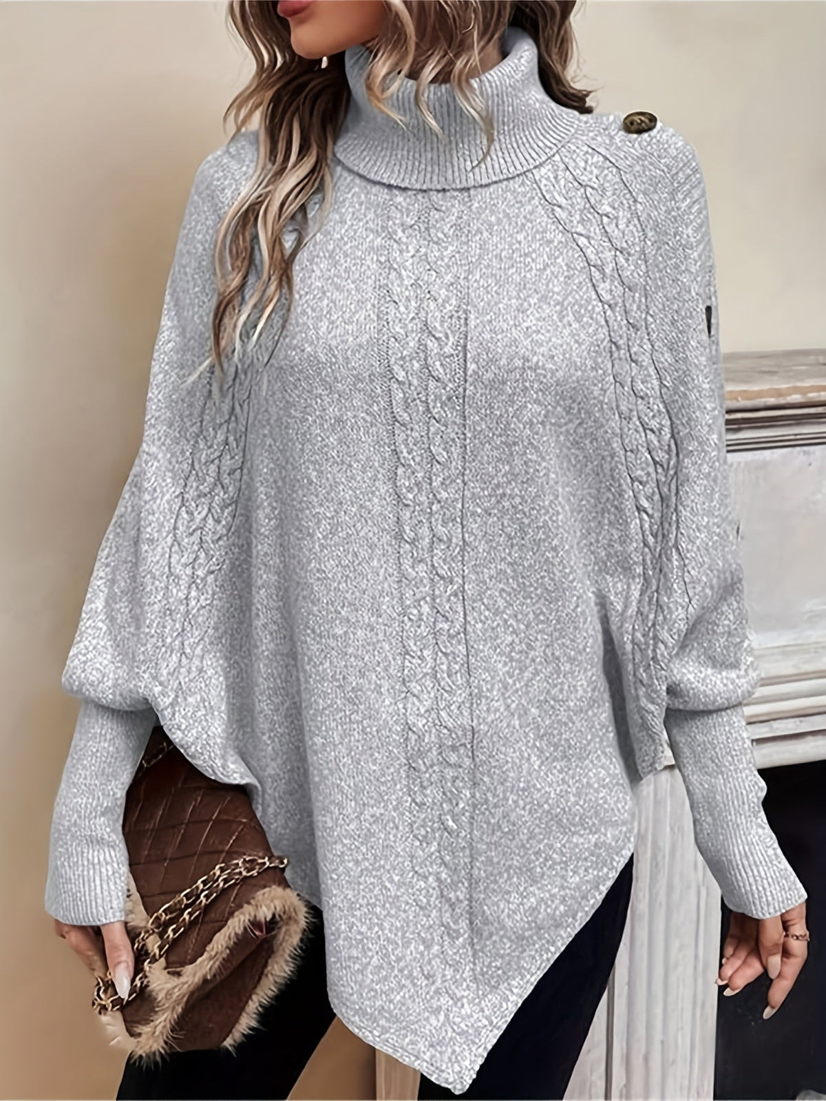Kabelgebreide poncho dames - afbeelding 6