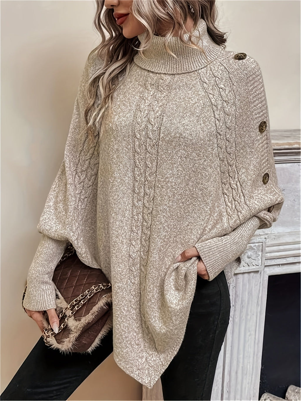 Kabelgebreide poncho dames - afbeelding 7