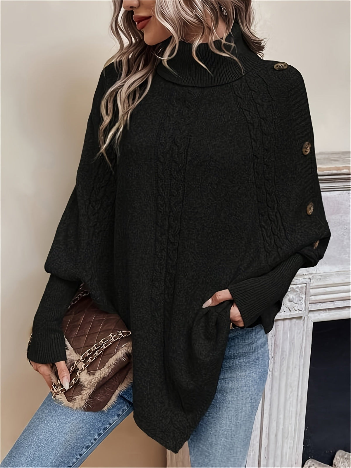 Kabelgebreide poncho dames - afbeelding 8