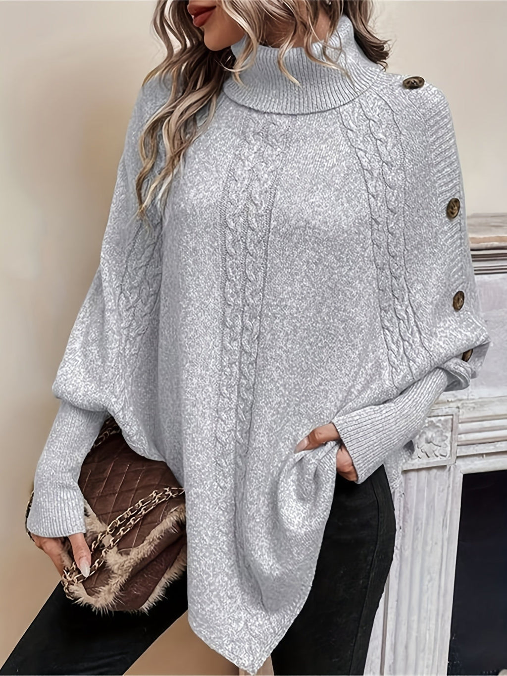 Kabelgebreide poncho dames - afbeelding 9