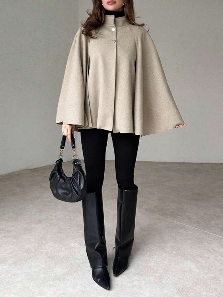 Korte cape jas dames met opstaande kraag, taupe - afbeelding 1