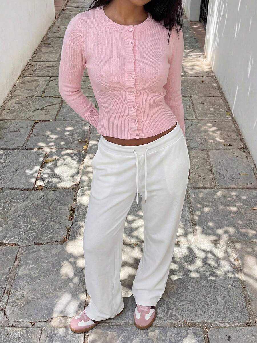 Korte cardigan dames met ronde hals, roze - afbeelding 1