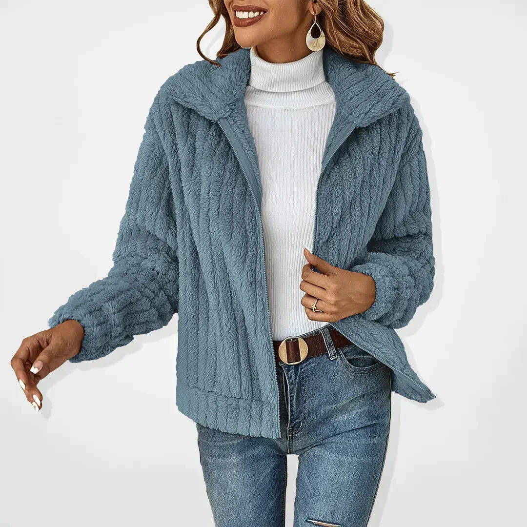Korte teddy jas dames, blauw - afbeelding 3