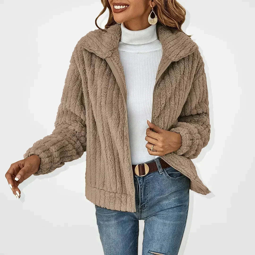 Korte teddy jas dames, taupe - afbeelding 5