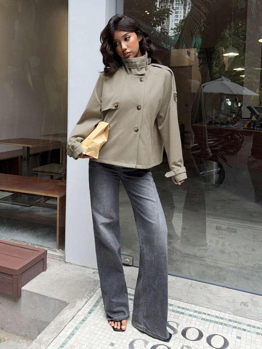 Korte trenchcoat dames, kaki - afbeelding 7