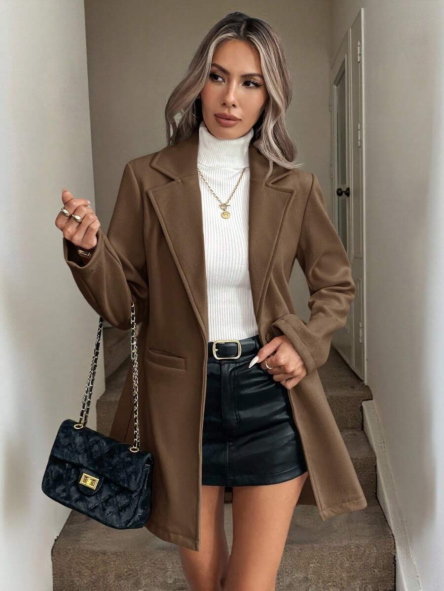 Lange blazer dames met één knoop, bruin - afbeelding 8