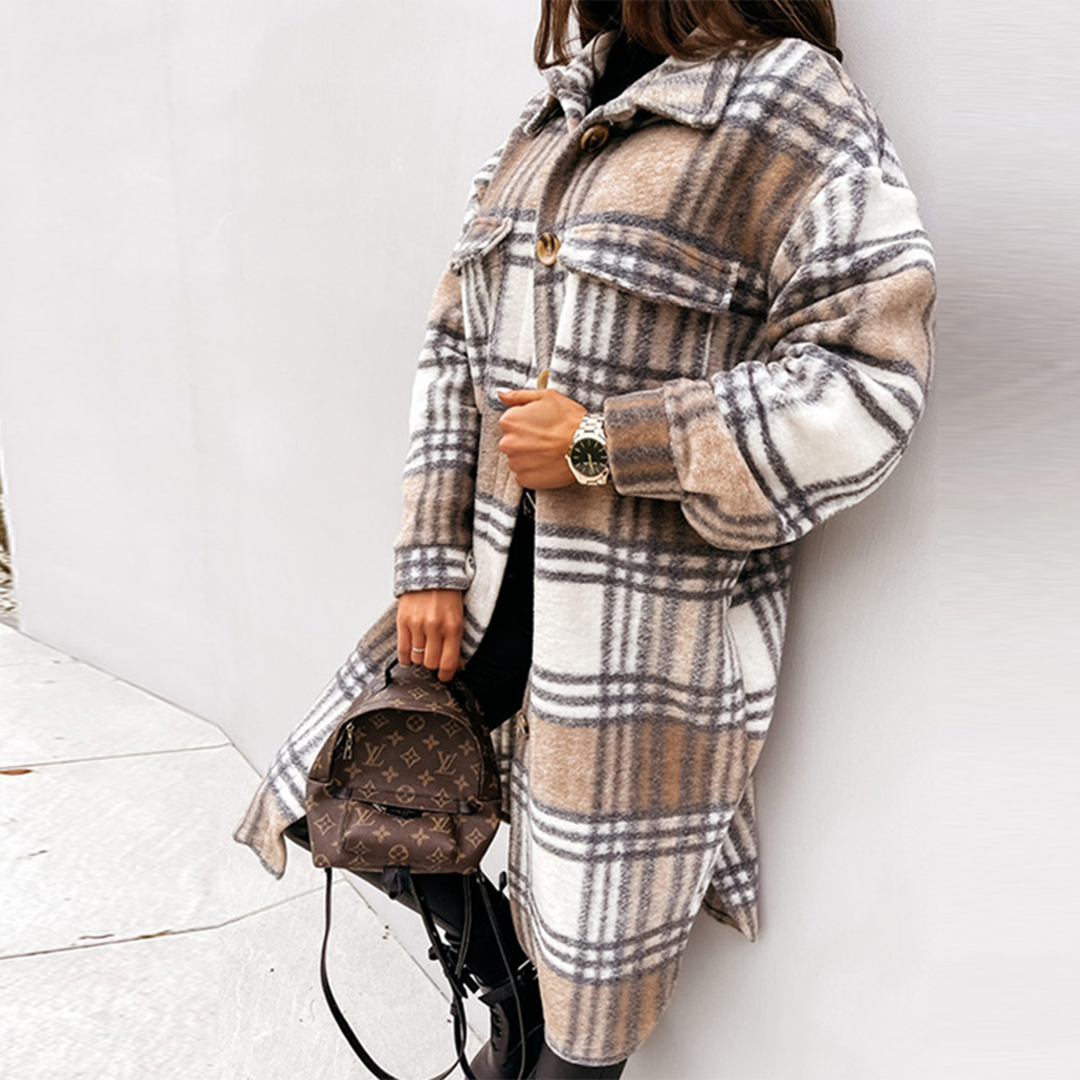 Lange geruite shacket dames, beige - afbeelding 2
