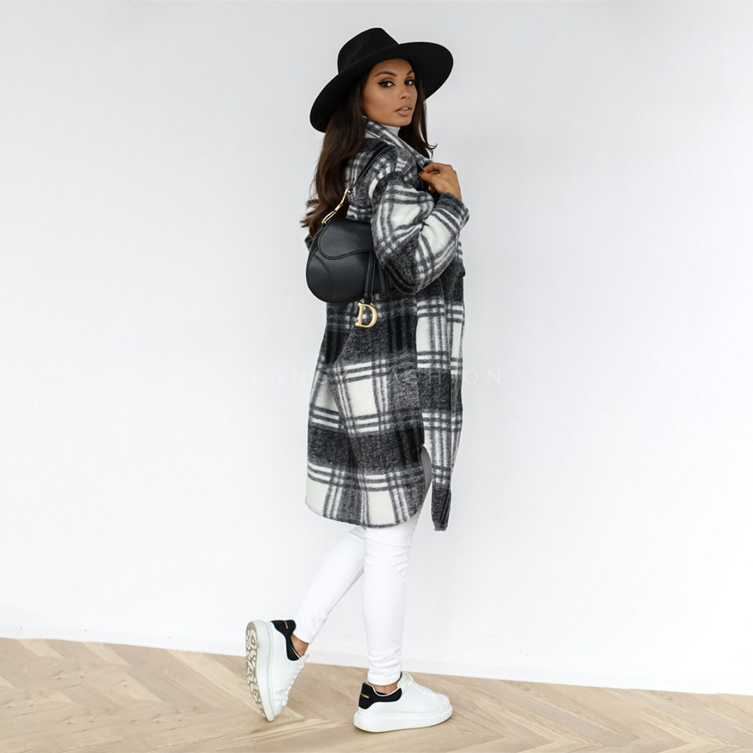 Lange geruite shacket dames, zwart-wit - afbeelding 5