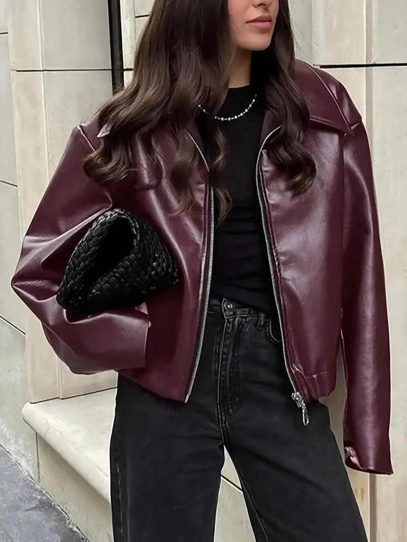 Oversized lederlook jas dames, Bordeaux - afbeelding 1