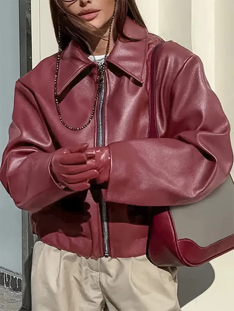 Oversized lederlook jas dames, Wijnrood - afbeelding 5
