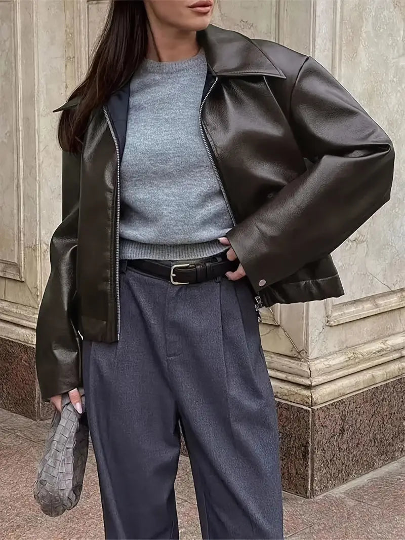 Oversized lederlook jas dames, Donkerbruin - afbeelding 7