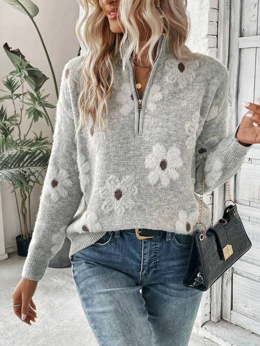 Losse half zip trui dames met geborduurde bloemen, grijs - afbeelding 1