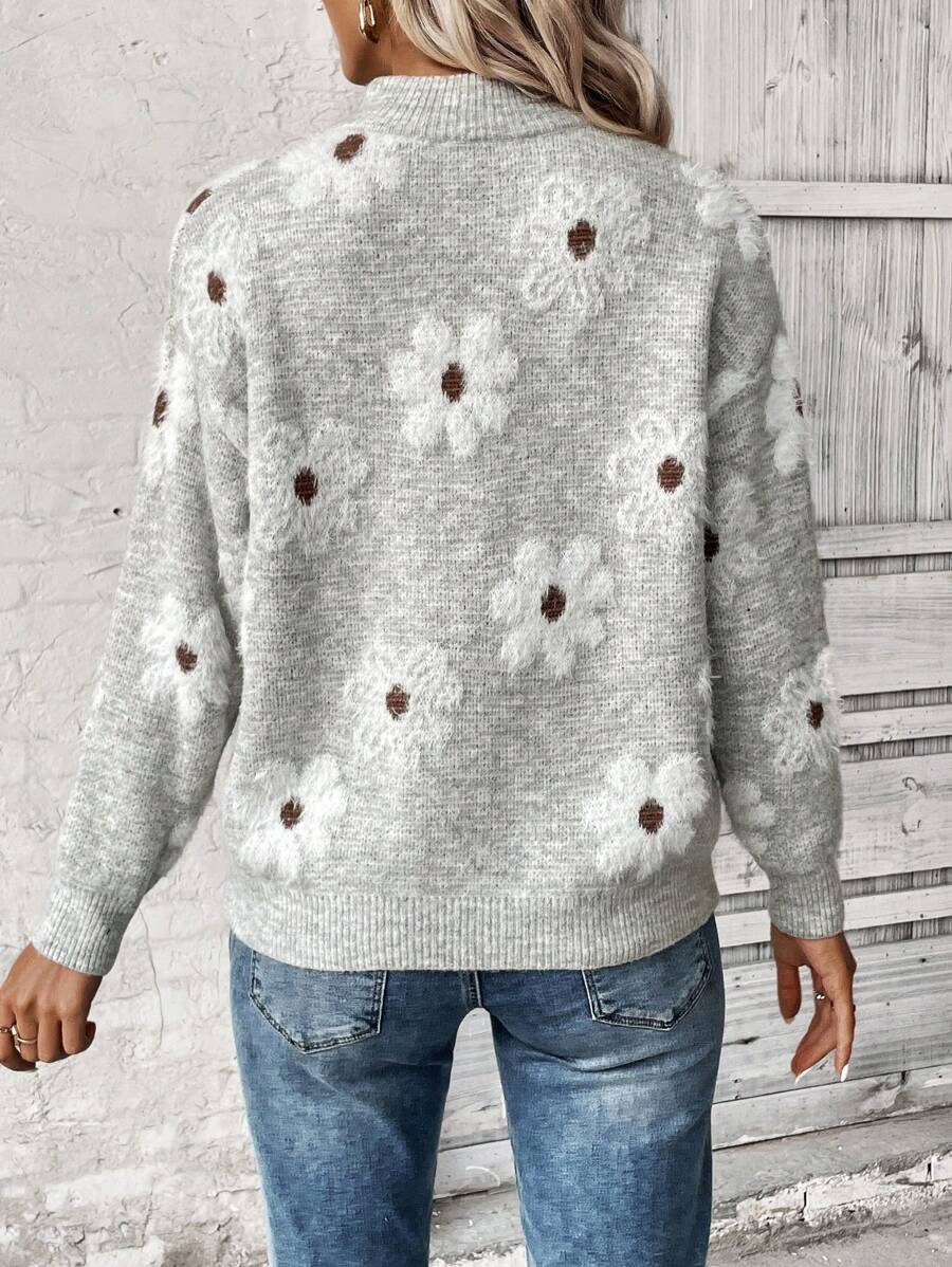 Losse half zip trui dames met geborduurde bloemen - afbeelding 2